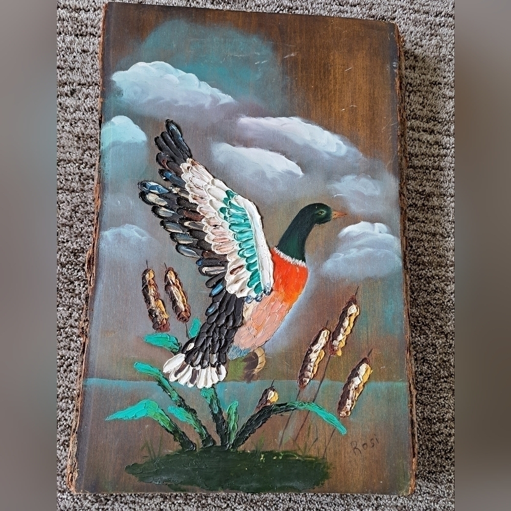 Rosi Art Oil Artist On Wood Painting Original Mallard Duck In Flight Cattails